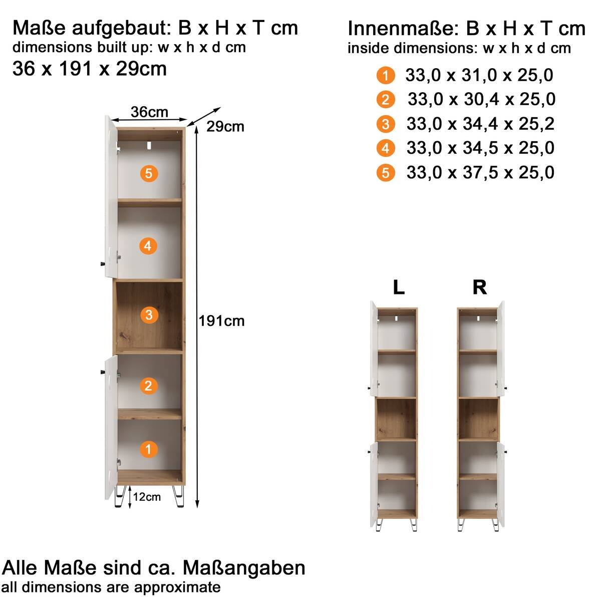 Hochschrank Touch Eiche Artisan Nachbildung weiß matt B/H/T: ca. 36x191x29 cm