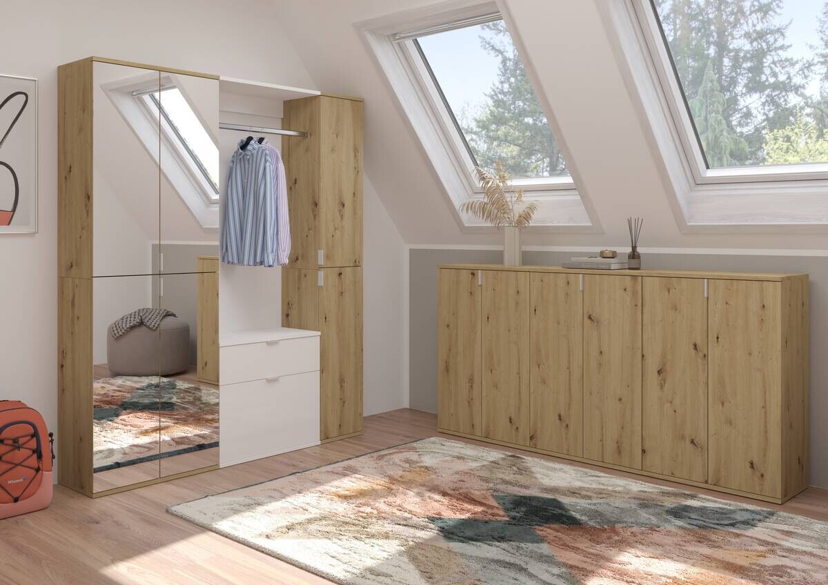 Garderobe PROJEKT Eiche Artisan Nachbildung weiß Hochglanz Spiegel B/H/T: ca. 152x193x34 cm