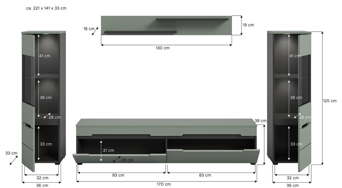 Wohnwand Canu grün basaltgrau Nachbildung B/H/T: ca. 272x141x33 cm