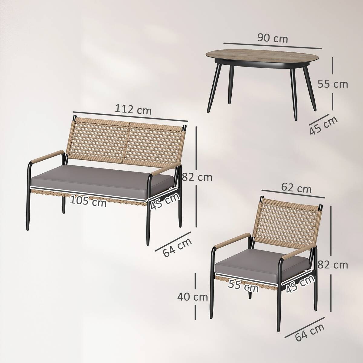 Outsunny Rattan Gartenmöbel-Set dunkelgrau Polyethylen B/H/L: ca. 64x82x112 cm