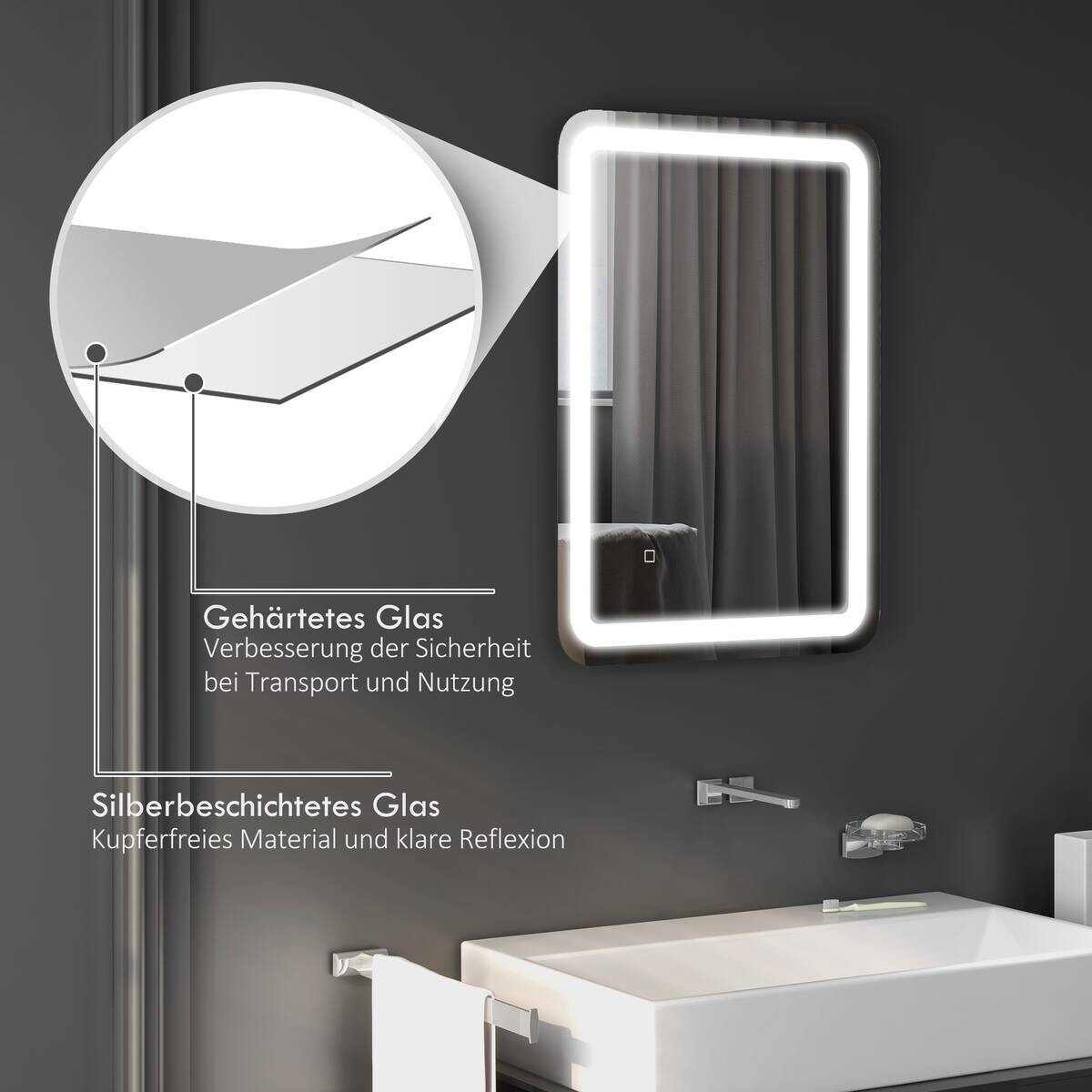 HOMCOM LED-Bad-Spiegel silber B/H/L: ca. 50x4x70 cm