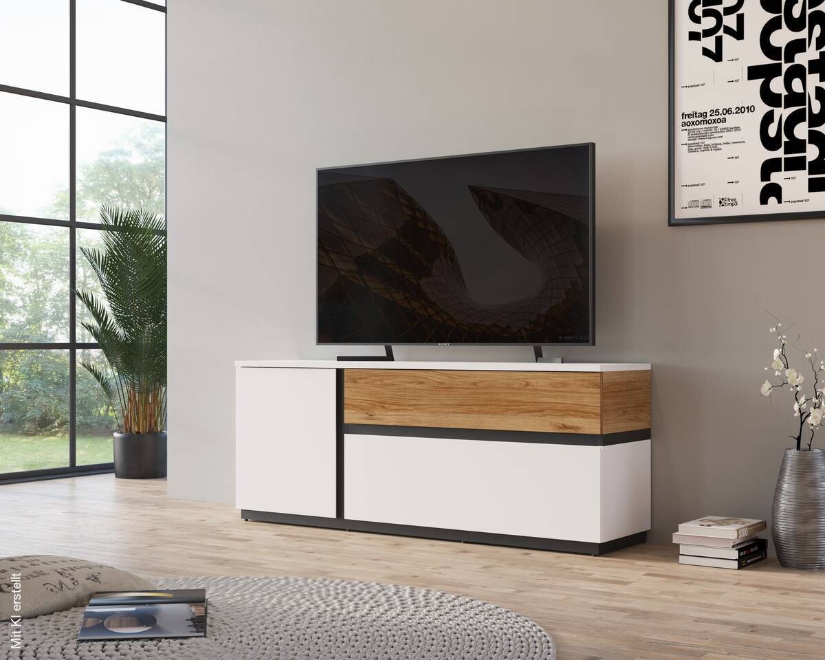 TV-Lowboard Novena weiß Eiche Catania Nachbildung schwarz matt B/H/T: ca. 160x63x40 cm
