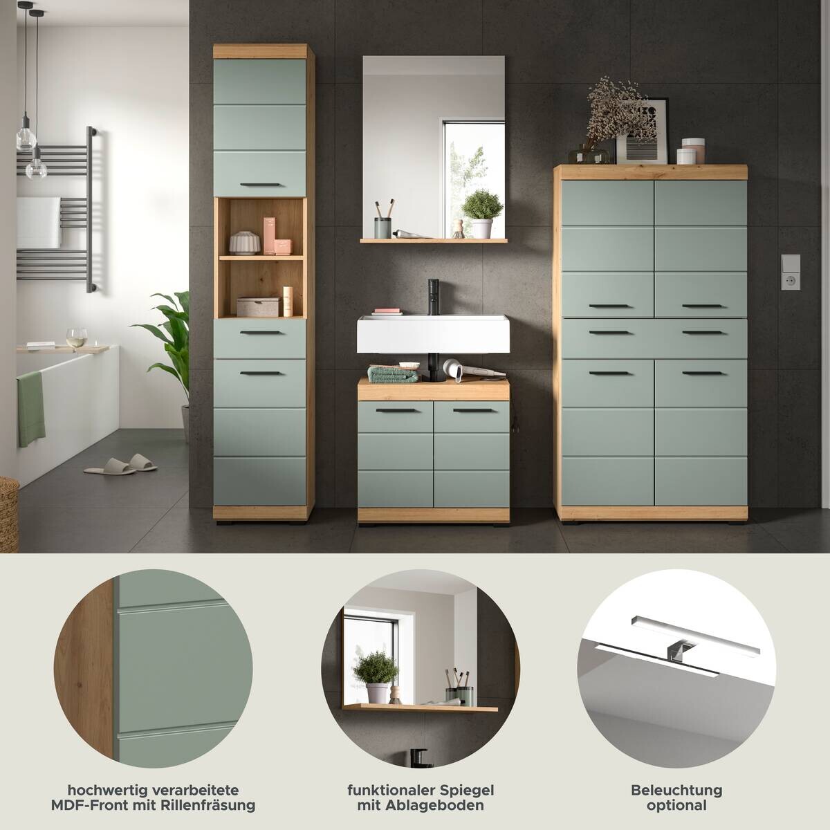 Badezimmer-Set Scout Eiche Artisan Nachbildung salbei Nachbildung B/H/T: ca. 186x191x34 cm