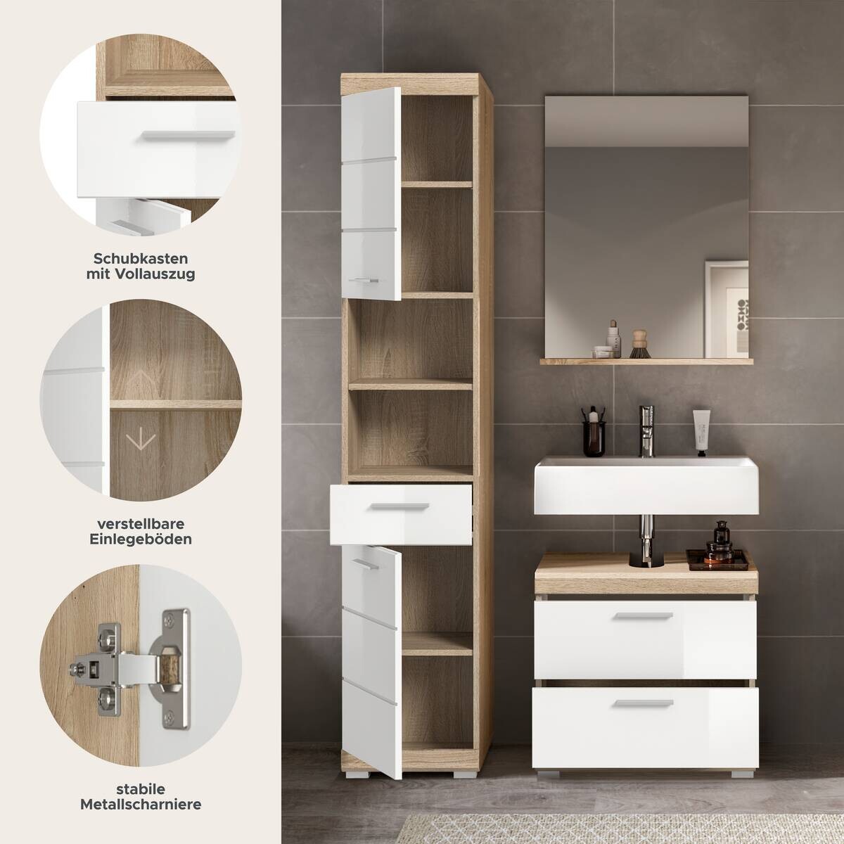 Badezimmer-Set Lambada Eiche Sonoma Nachbildung weiß Hochglanz B/H/T: ca. 112x191x37 cm