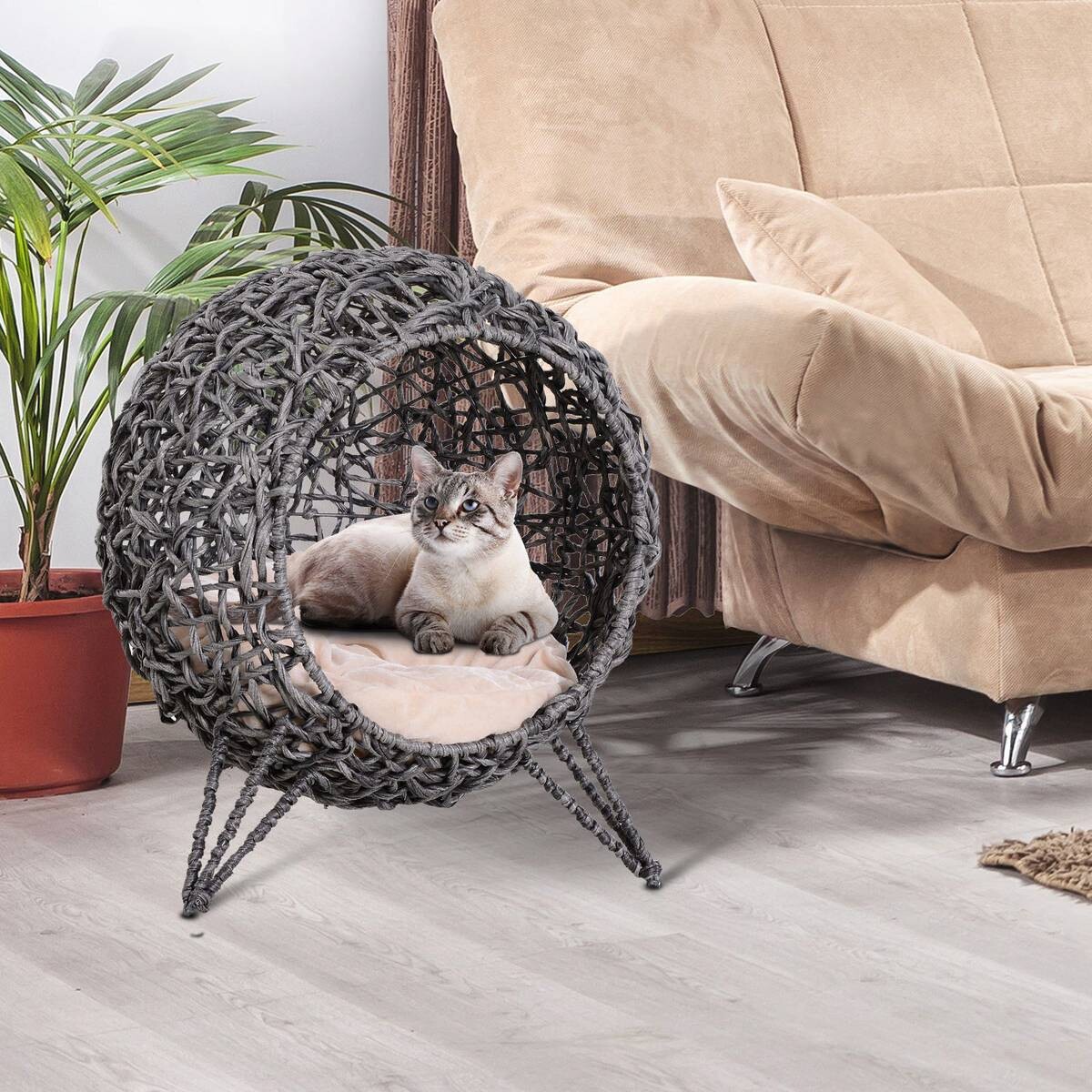 PawHut Katzenkorb Silbergrau Rattan B/H/L: ca. 52x58x52 cm