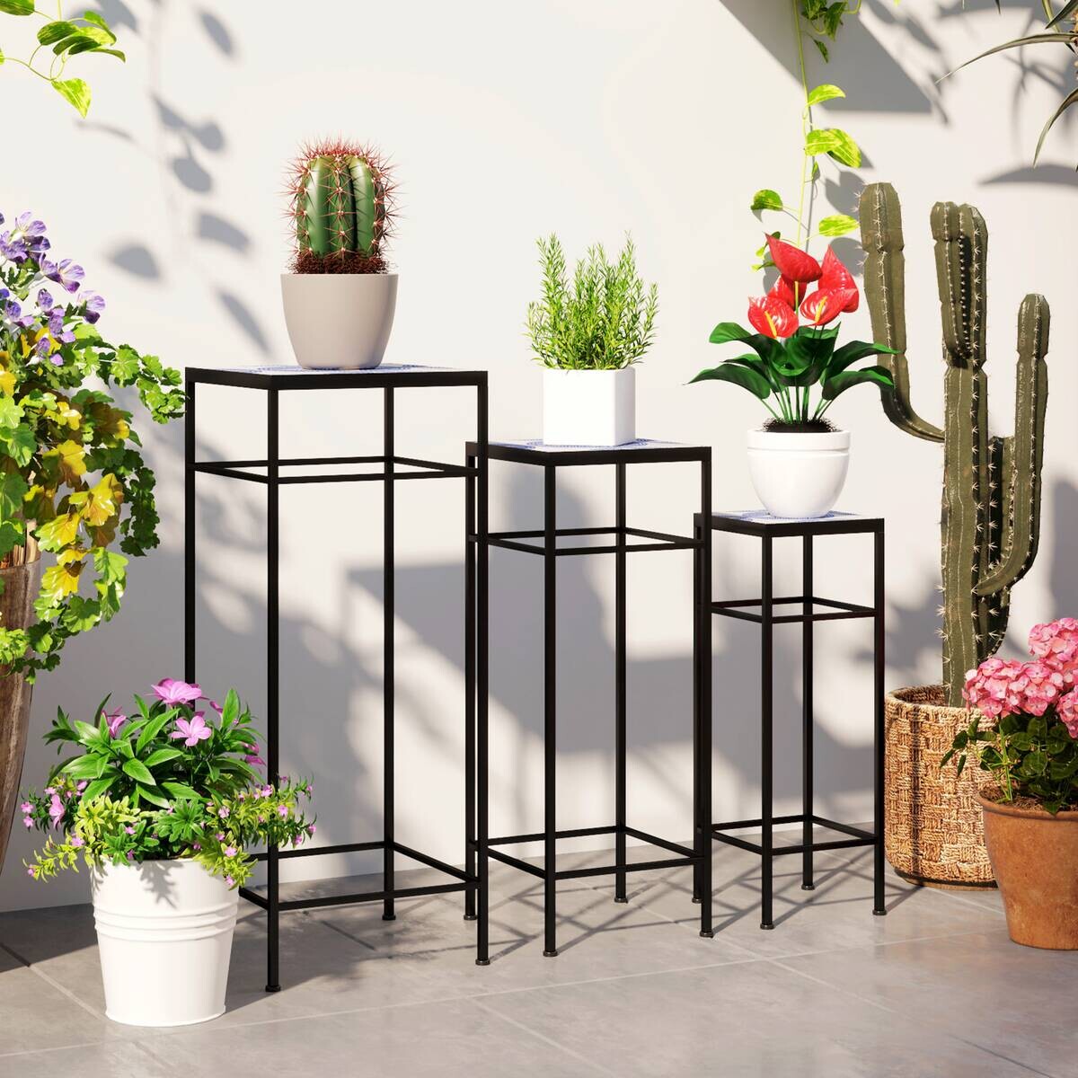 Outsunny Pflanzenständer 3er Set blau Metall B/H/L: ca. 28x71x28 cm