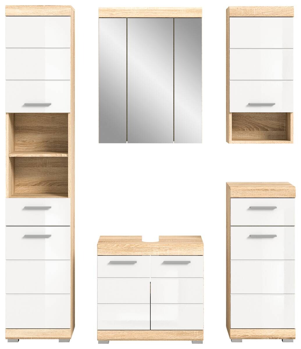 Badezimmer-Set LAMBADA Eiche Sonoma hell Nachbildung weiß Hochglanz B/H/T: ca. 164x191x34 cm