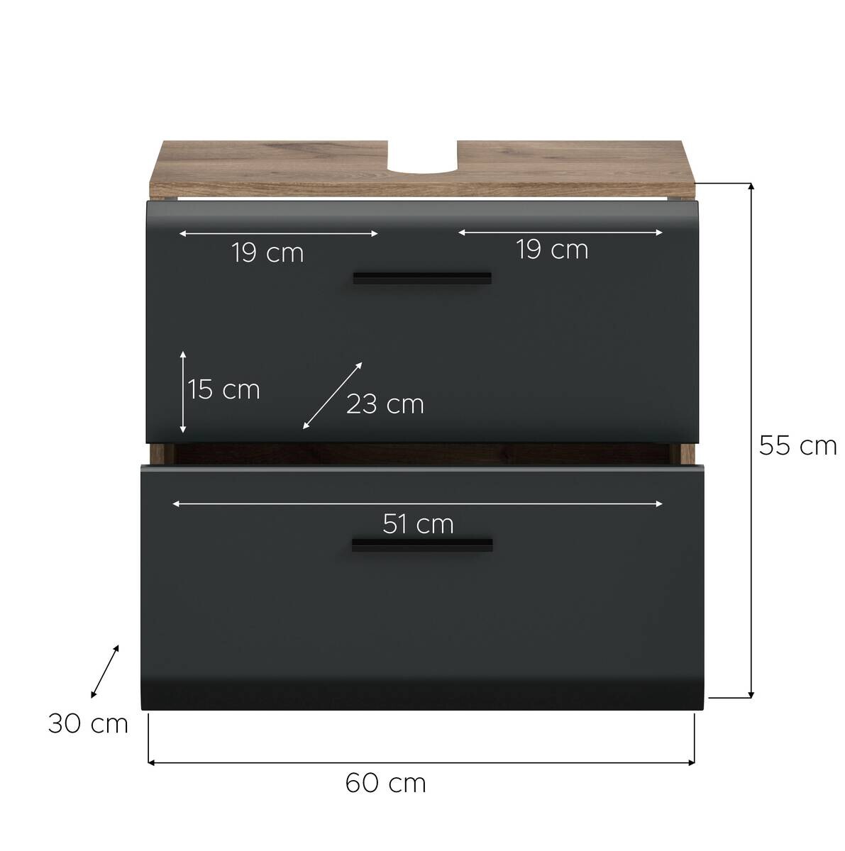 Waschbeckenunterschrank Ice Nox Oak Nachbildung schwarz matt B/H/T: ca. 60x54x60 cm