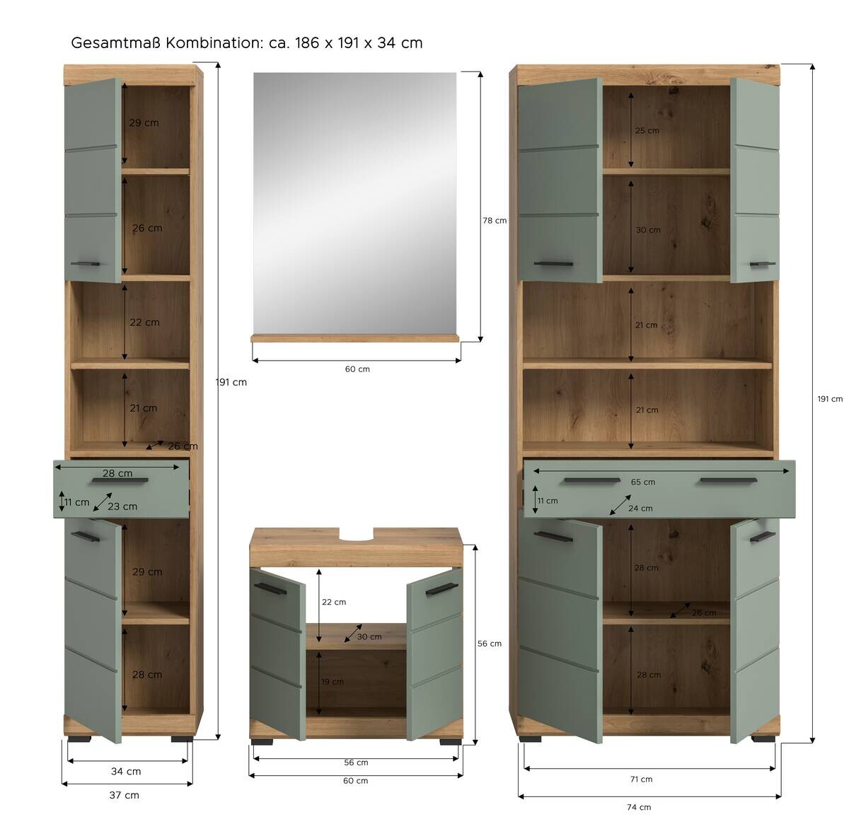 Badezimmer-Set Scout Eiche Artisan Nachbildung salbei Nachbildung B/H/T: ca. 186x191x34 cm