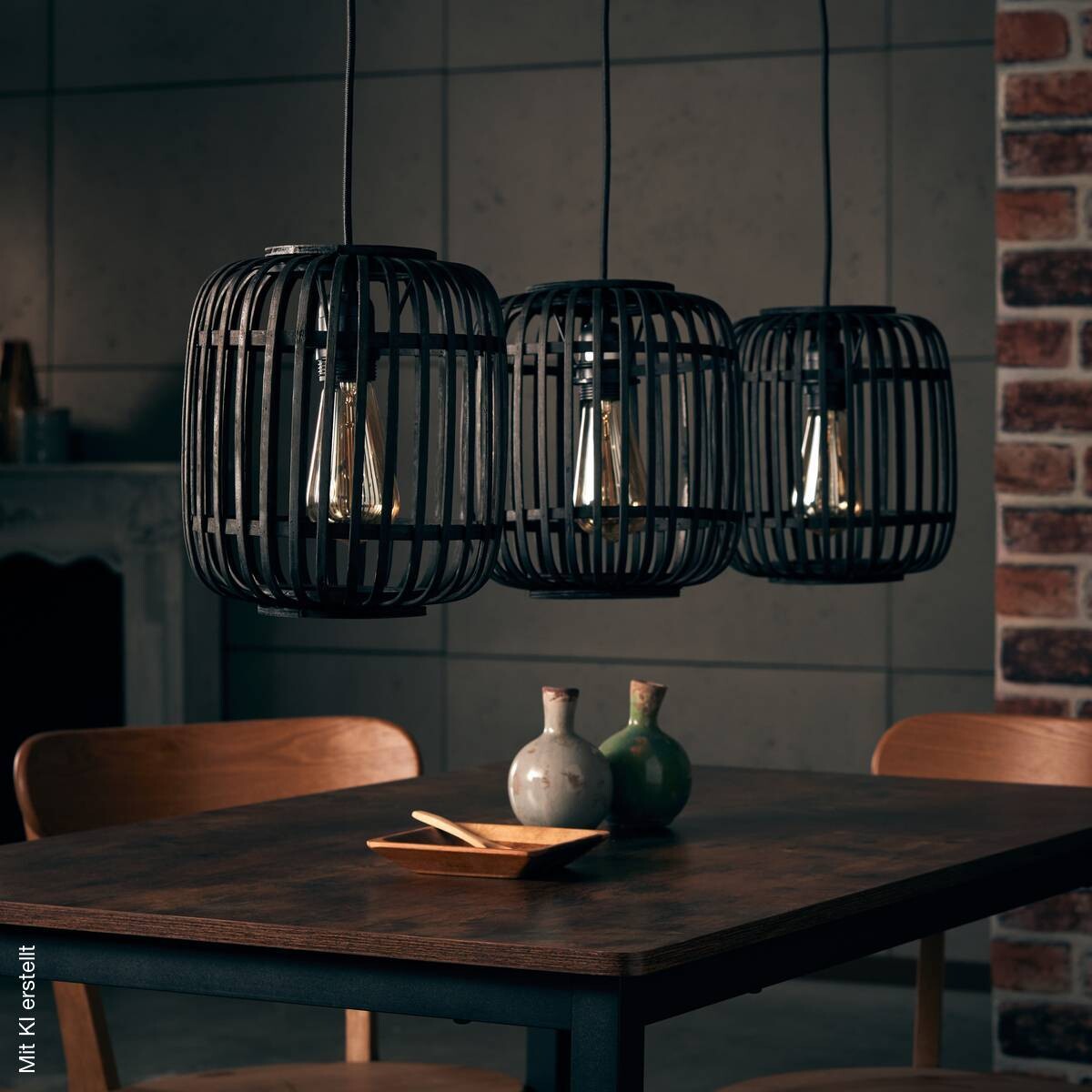 Brilliant Pendelleuchte Woodrow 93778/76 natur schwarz Bambus Metall B/H/T: ca. 105x125x21,5 cm E27 3 Brennstellen