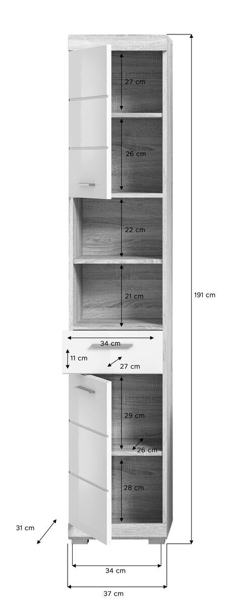 Badezimmer-Set LAMBADA Eiche Sonoma hell Nachbildung weiß Hochglanz B/H/T: ca. 112x191x34 cm