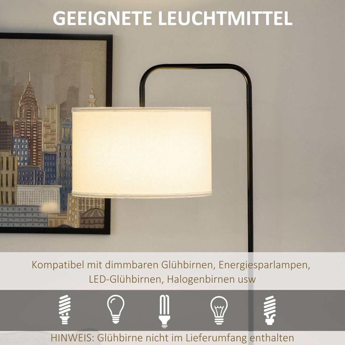 HOMCOM Stehleuchte weiß Stahl Polyester B/H/L: ca. 38x163,5x64 cm E27 1 Brennstellen
