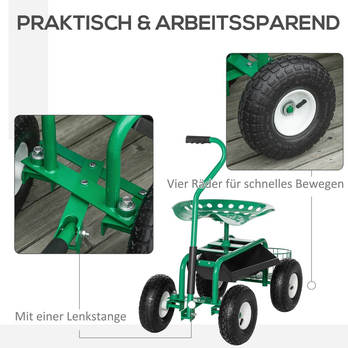 Outsunny Fahrbarer Gartensitz grün Gummi B/H/L: ca. 44,5x59x81 cm