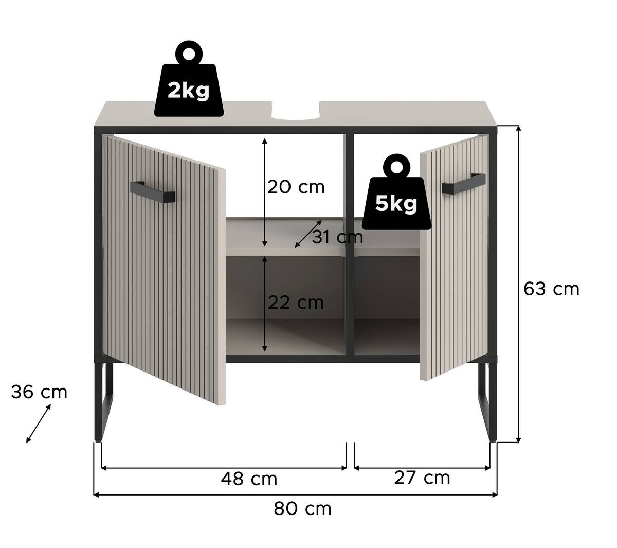 Waschbeckenunterschrank BAGNO schwarz Kaschmirgrau Nachbildung B/H/T: ca. 80x63x36 cm