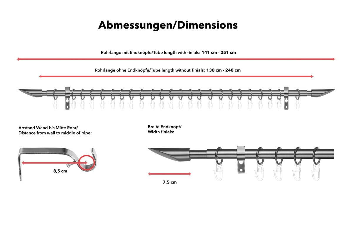 LICHTBLICK Gardinenstange Lipstick Chrom Metall D: ca. 2 cm ausziehbar von ca. 130 bis 240 cm 1.0 Läufe