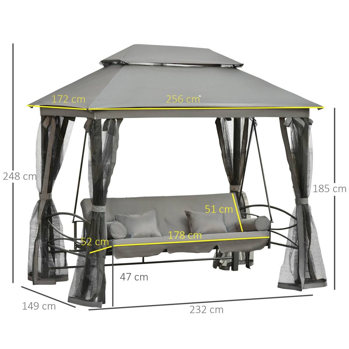 Outsunny Hollywoodschaukel grau Stahl B/H/L: ca. 172x248x256 cm