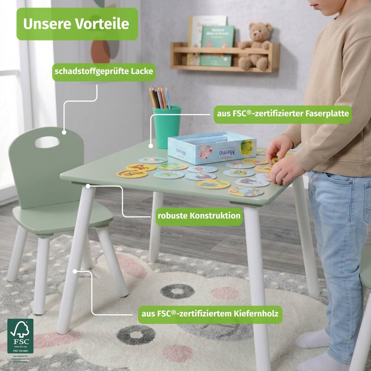 Kesper Kindertisch mit 2 Stühlen mint Spanplatte B/H/L: ca. 55x45x55 cm