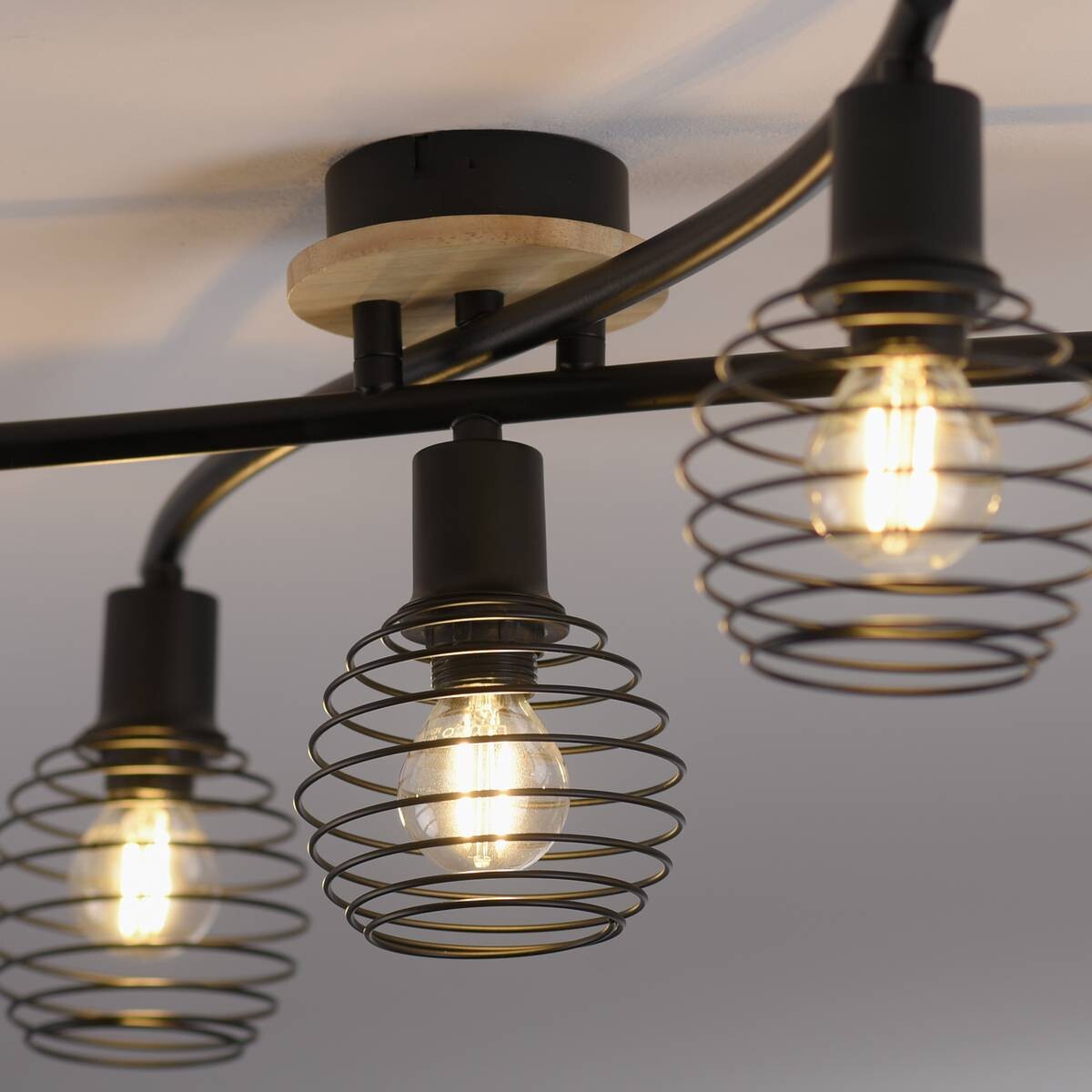 Just Light Deckenleuchte 15925-79 Eugen natur schwarz Aluminium Holzwerkstoff B/H/L: ca. 67x20x70 cm 5 Brennstellen