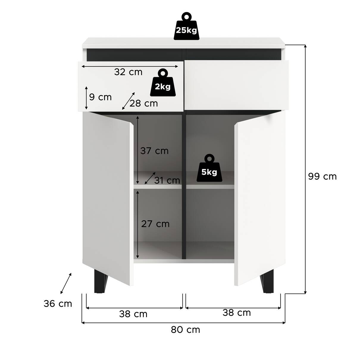 Kommode Tomasa weiß schwarz B/H/T: ca. 80x99x36 cm