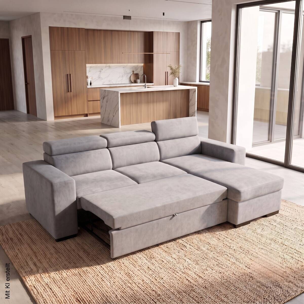 Ecksofa mit Bettfunktion und Bettkasten hellgrau Webstoff B/H/T: ca. 237x88x167 cm