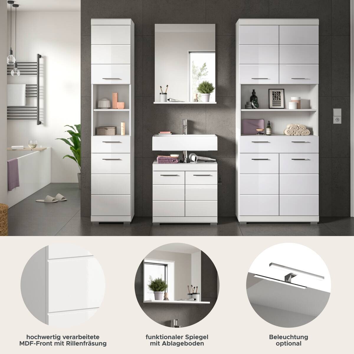 Badezimmer-Set Scout weiß weiß Hochglanz B/H/T: ca. 186x191x34 cm