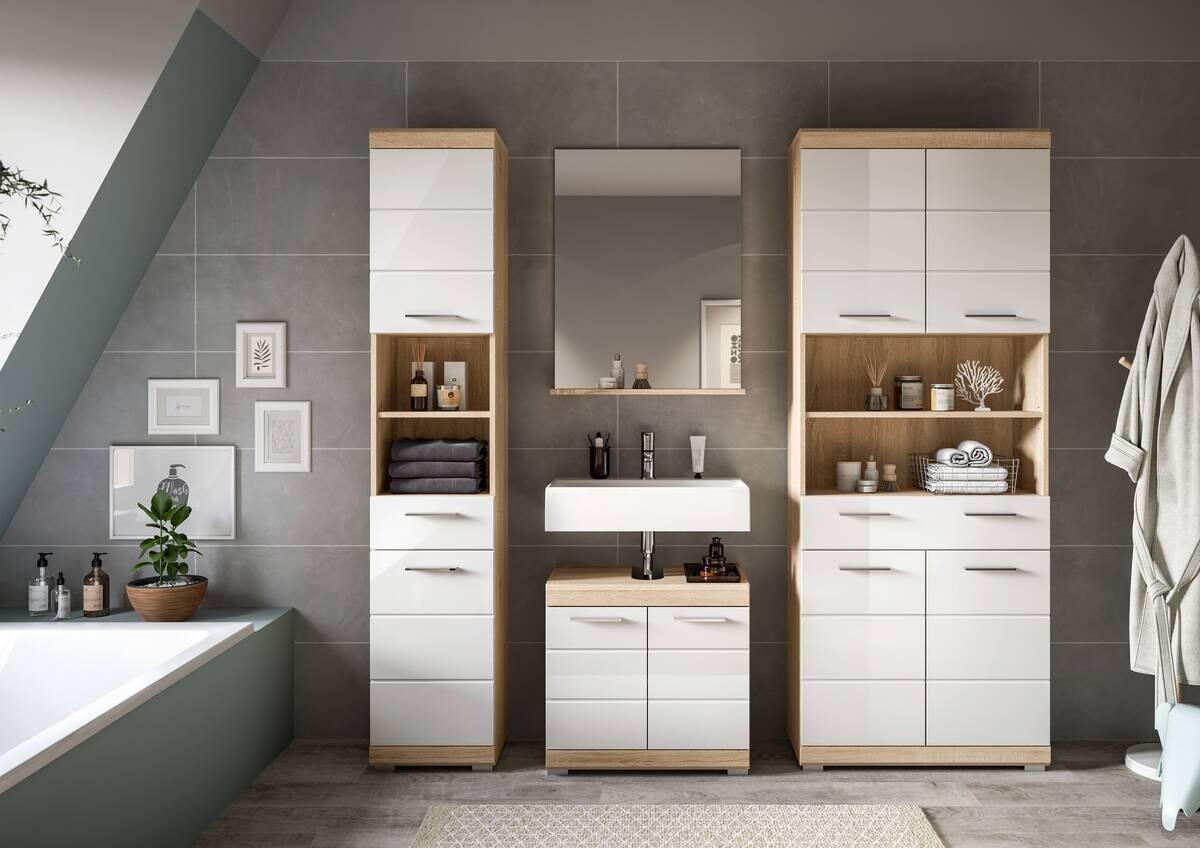 Badezimmer-Set Lambada Eiche Sonoma Nachbildung weiß Hochglanz B/H/T: ca. 186x191x34 cm