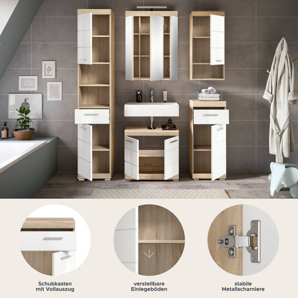 Badezimmer-Set Lambada Eiche Sonoma Nachbildung weiß Hochglanz B/H/T: ca. 164x191x34 cm