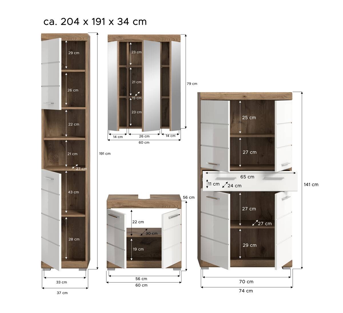 Badezimmer-Set Wave weiß Hochglanz Nox Oak Nachbildung B/H/T: ca. 204x191x34 cm