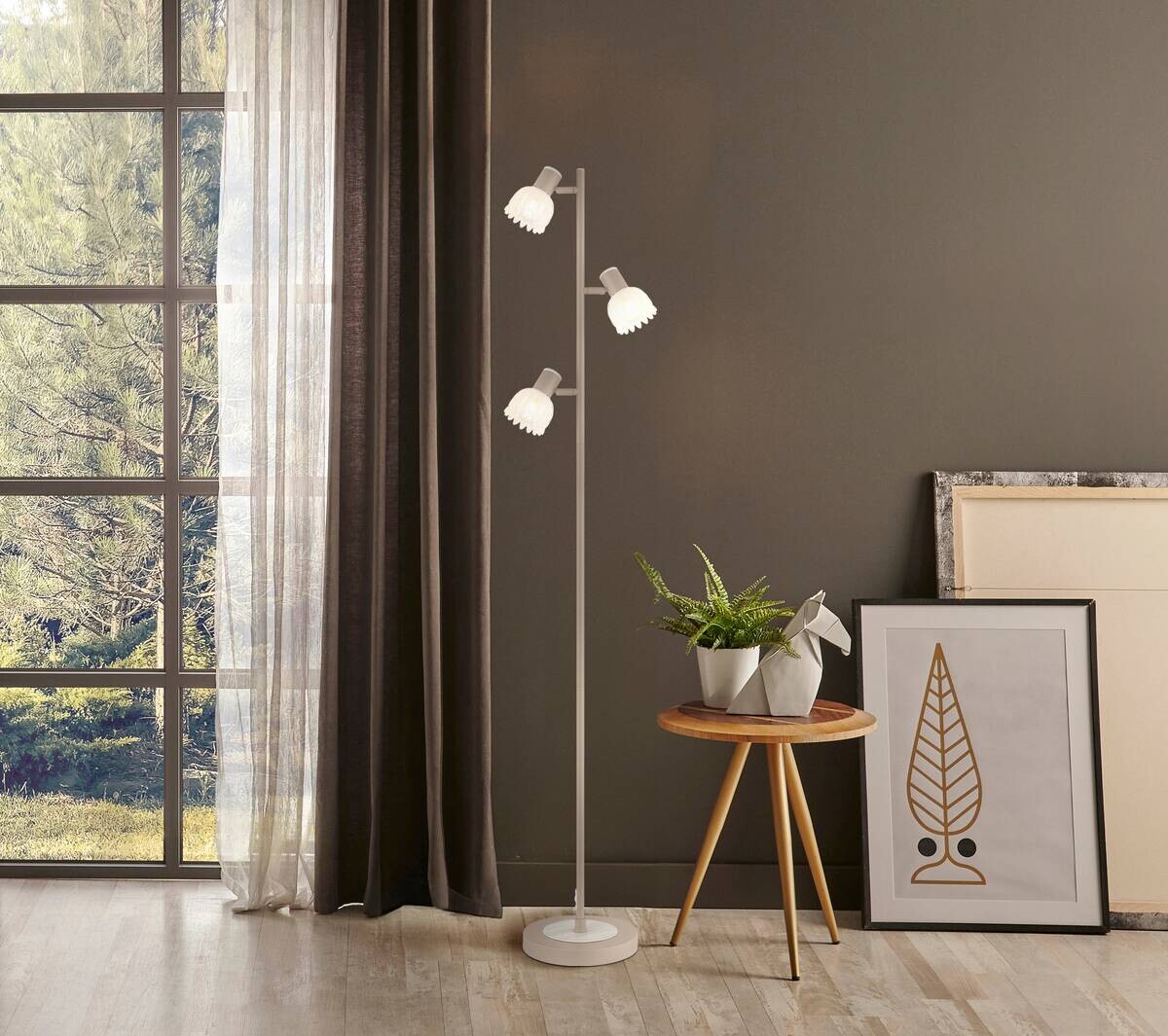GLOBO Stehlampe sand Glas Metall B/H/L: ca. 12x60x26 cm 3 Brennstellen