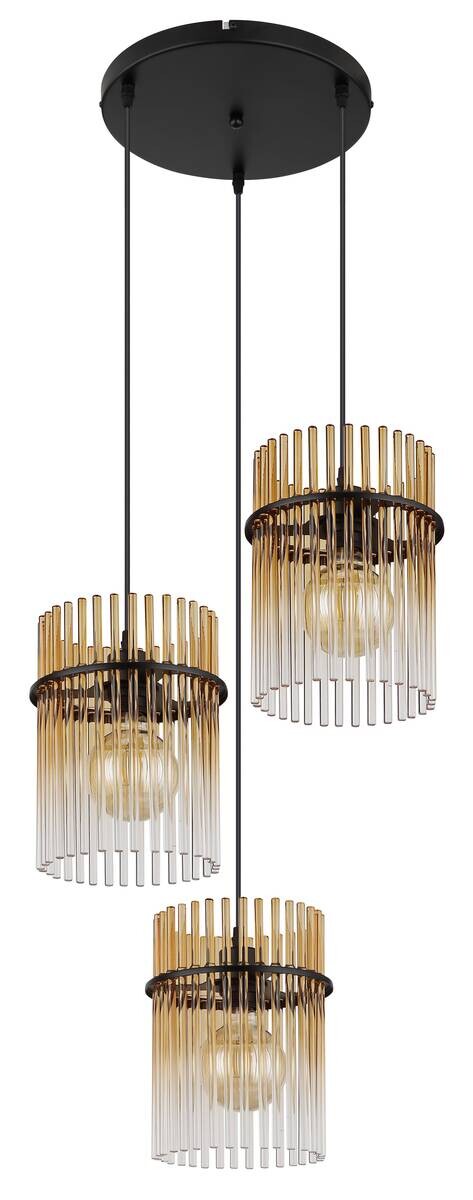 GLOBO Pendelleuchte Gorley schwarz amber Metall Glas H/D: ca. 140x47 cm E27 3 Brennstellen