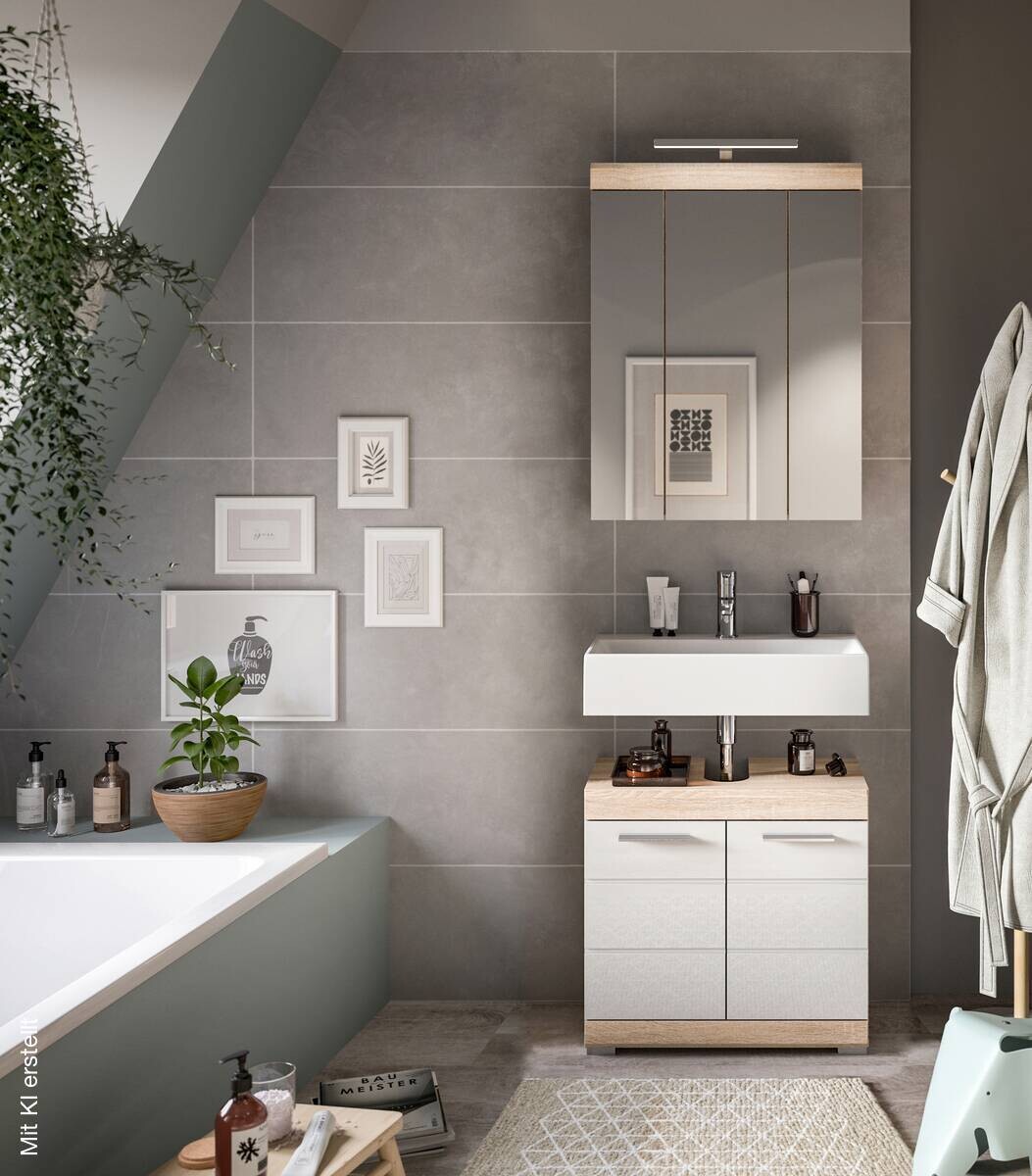 Badezimmer-Set Lambada Eiche Sonoma Nachbildung weiß Hochglanz B/H/T: ca. 60x191x34 cm