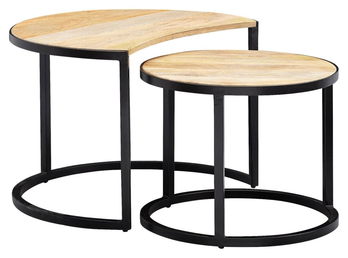 Beistelltisch 2er-Set. natur schwarz pulverbeschichtet Echtholz Eisen