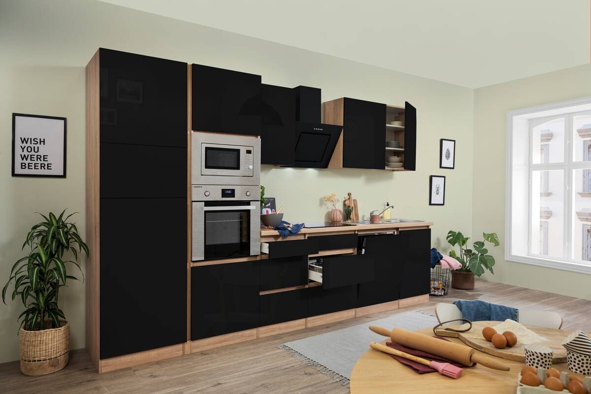 Respekta Küchenblock Premium schwarz hochglänzend B/H/T: ca. 345x220,5x60 cm