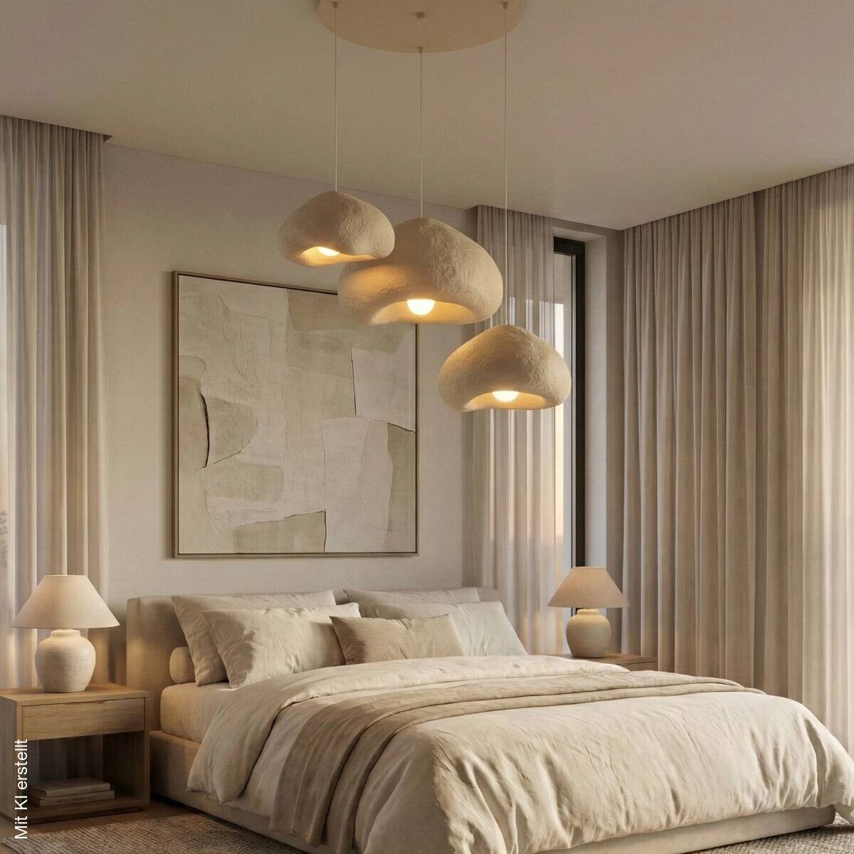 Opviq Pendelleuchte beige Metall Fiberglas B/H/T/L/D: ca. 82x115x82x82x82 cm E27 3 Brennstellen