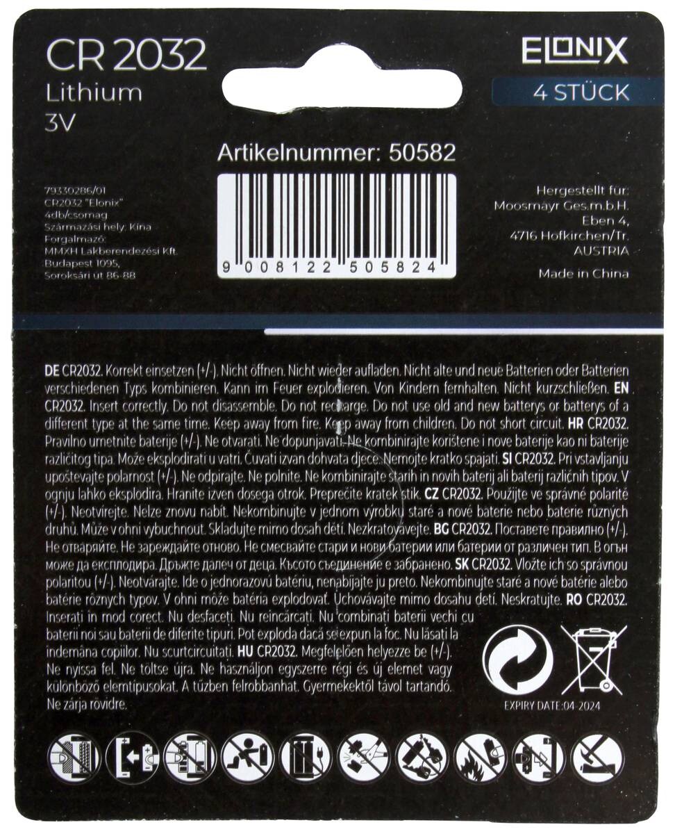 Elonix Knopfzelle Lithium CR2032 4er Pack