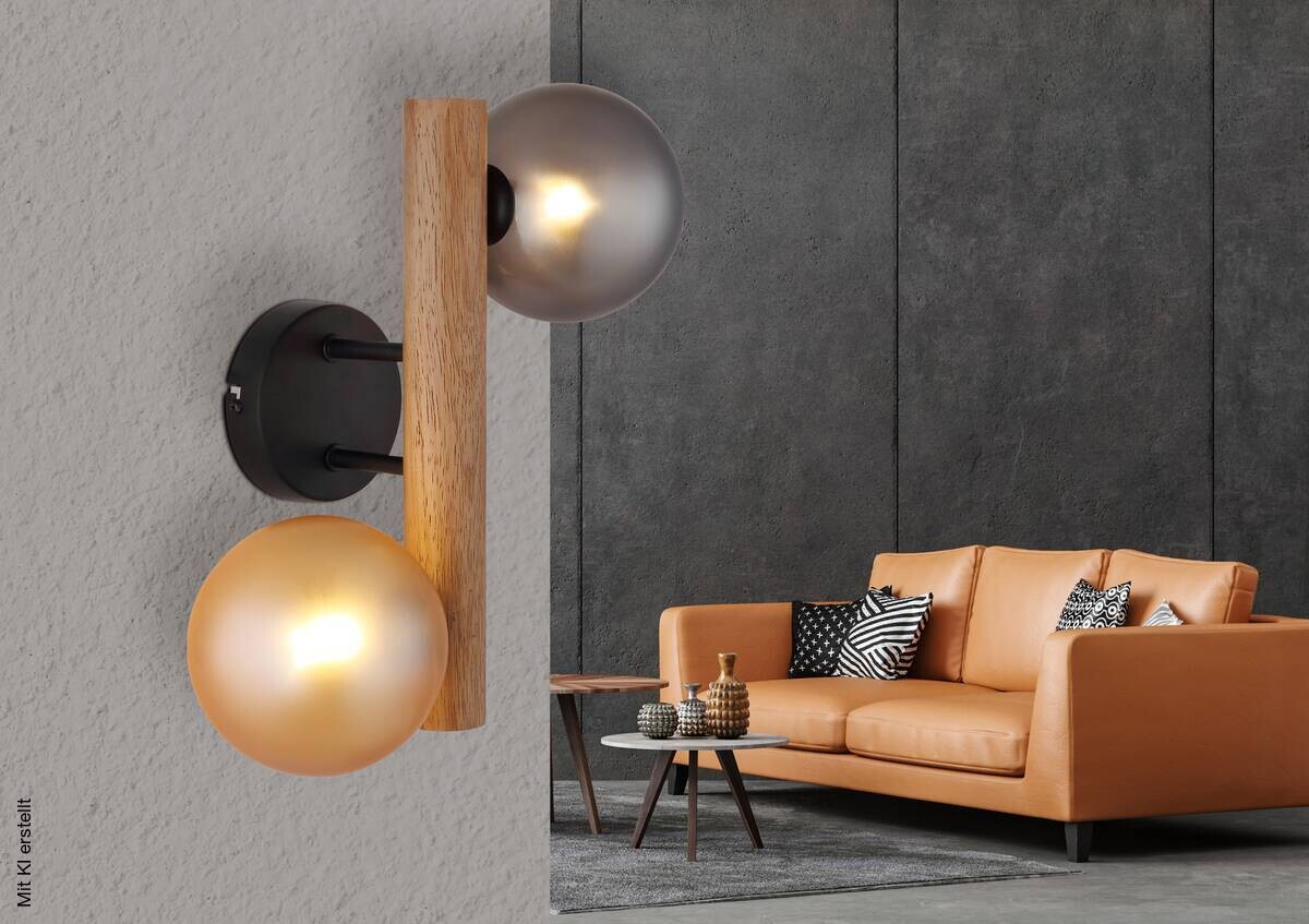 GLOBO LED-Wandleuchte Rauch dunkelbraun amber Metall Holz Glas H/L: ca. 16,5x32 cm 2 Brennstellen