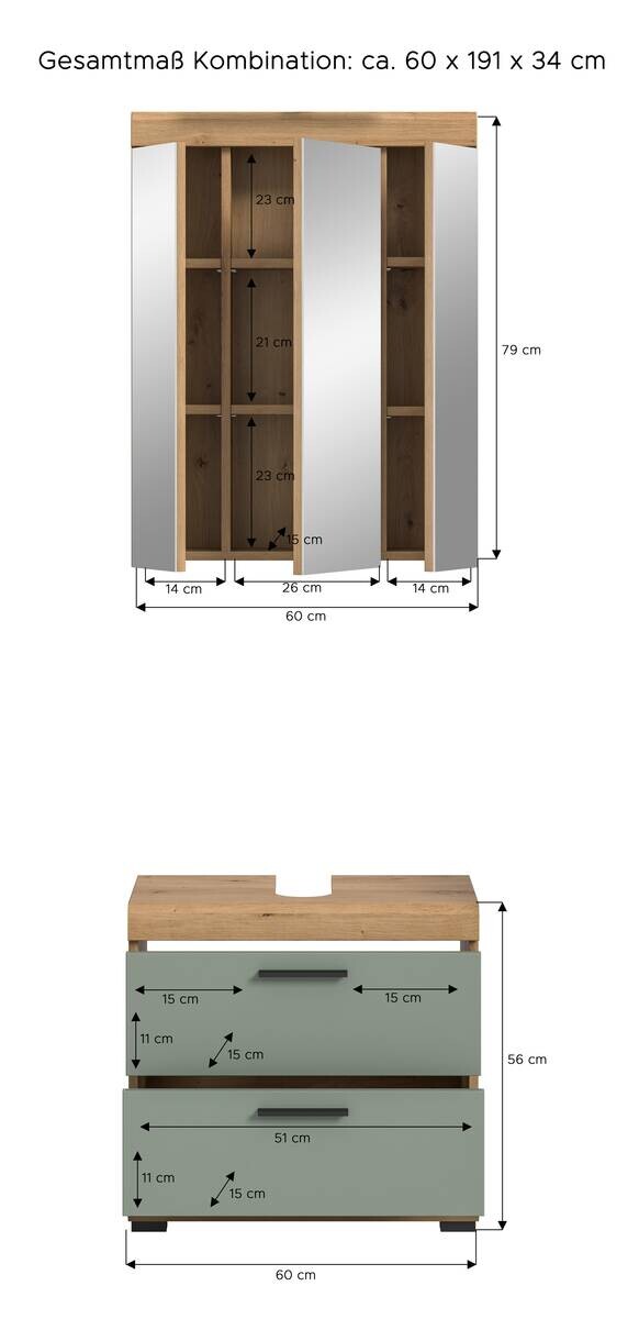 Badezimmer-Set Scout Eiche Artisan Nachbildung salbei Nachbildung B/H/T: ca. 60x191x37 cm
