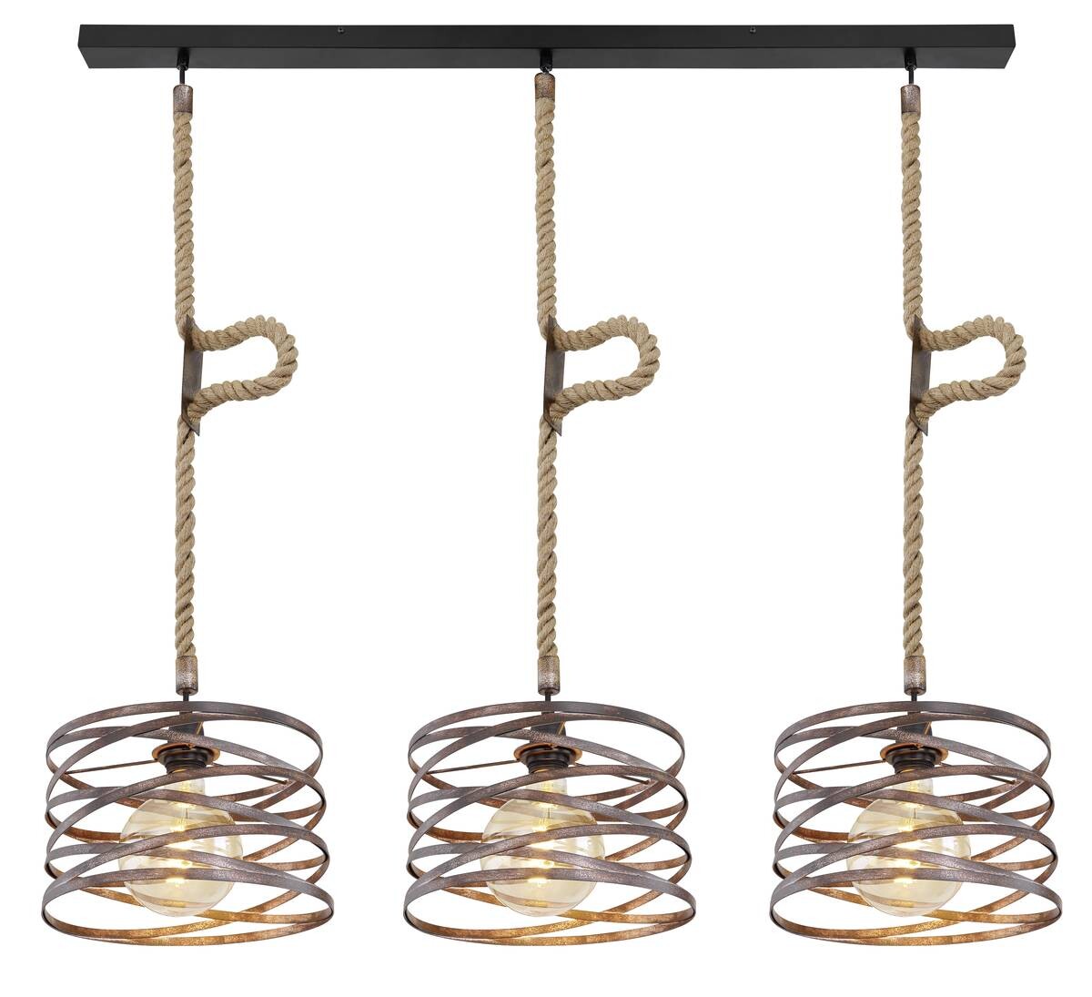 GLOBO Pendelleuchte MARCO 15641-3H schwarz rostfarbig Metall Hanfseil B/H/L: ca. 28x120x115 cm 3 Brennstellen