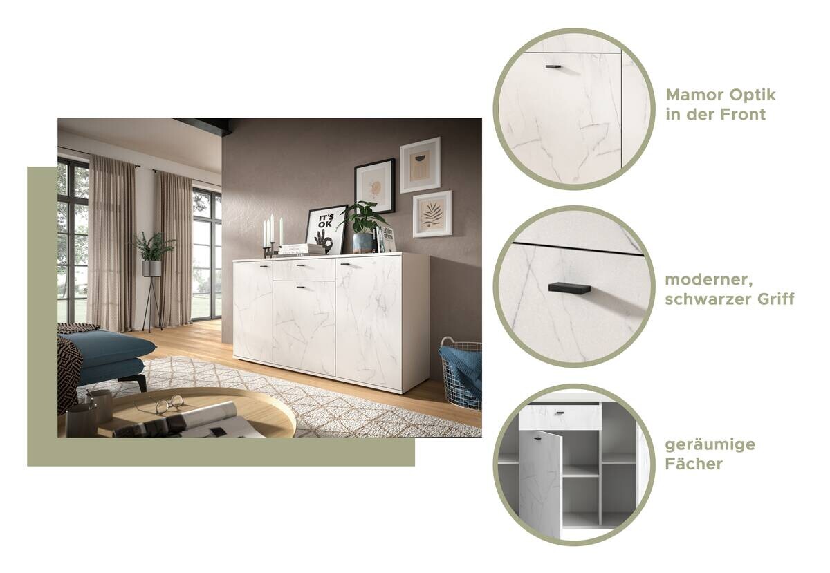 Sideboard Stone weiß Marmoroptik B/H/T: ca. 139x88x41 cm