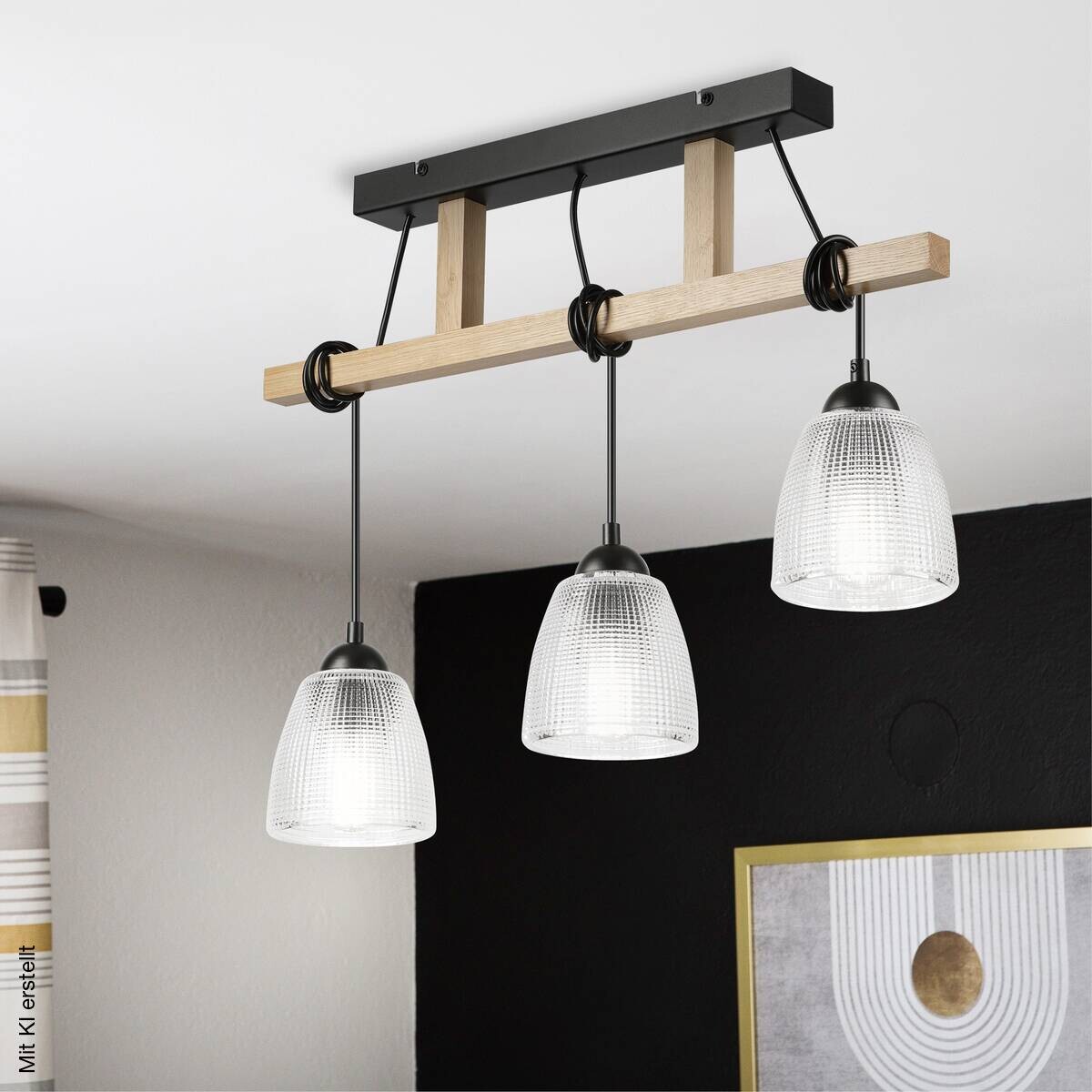 Lamkur Pendelleuchte Eiche Stahl B/H/L: ca. 60x88x60 cm E27 3 Brennstellen