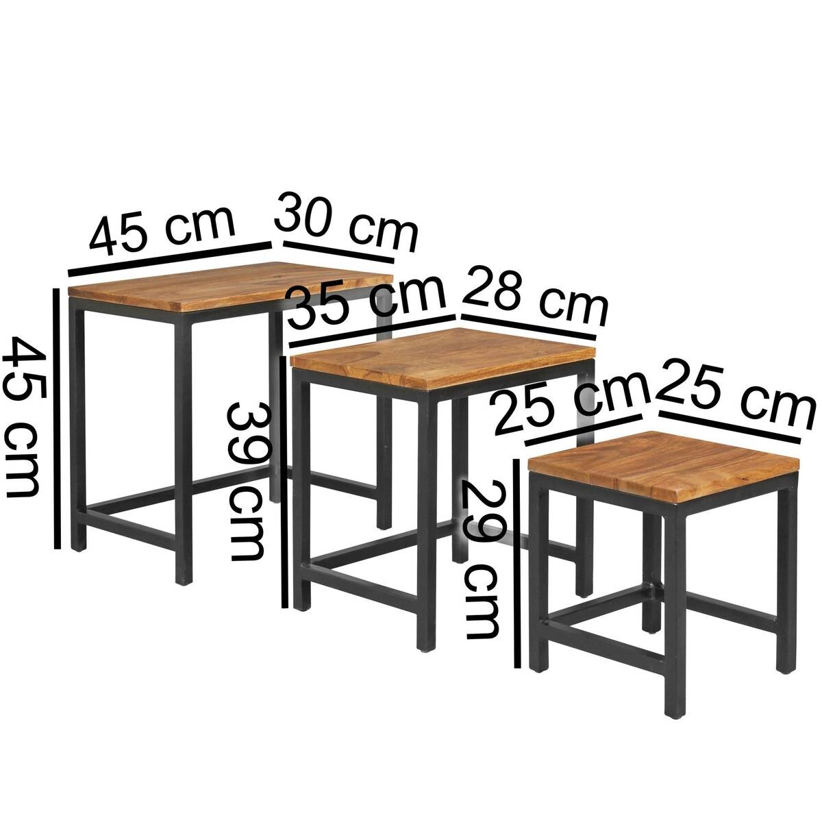 Beistelltisch 3er-Set natur schwarz pulverbeschichtet Echtholz Metall