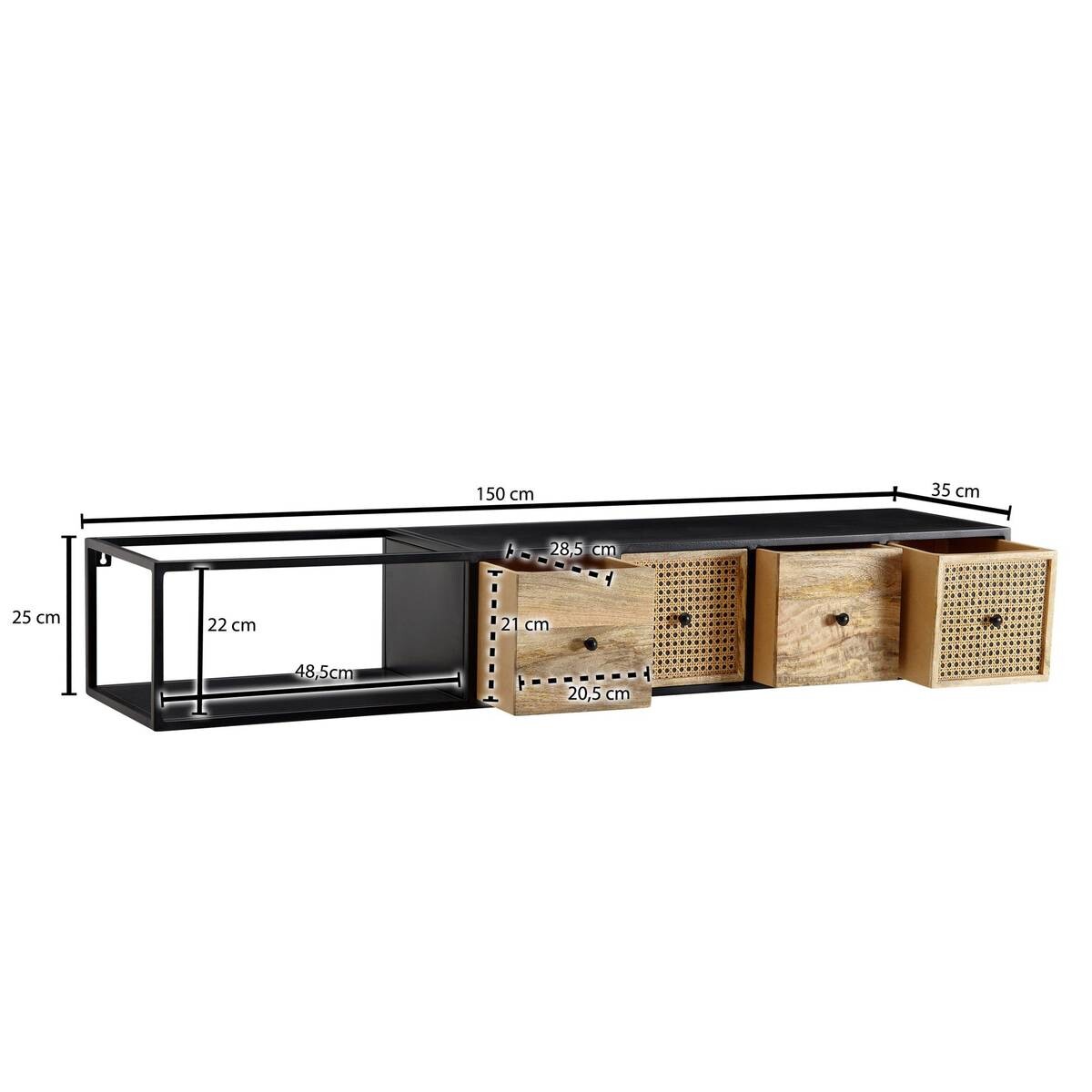 TV-Bank schwarz pulverbeschichtet natur Eisen Echtholz B/H/T: ca. 150x25x35 cm