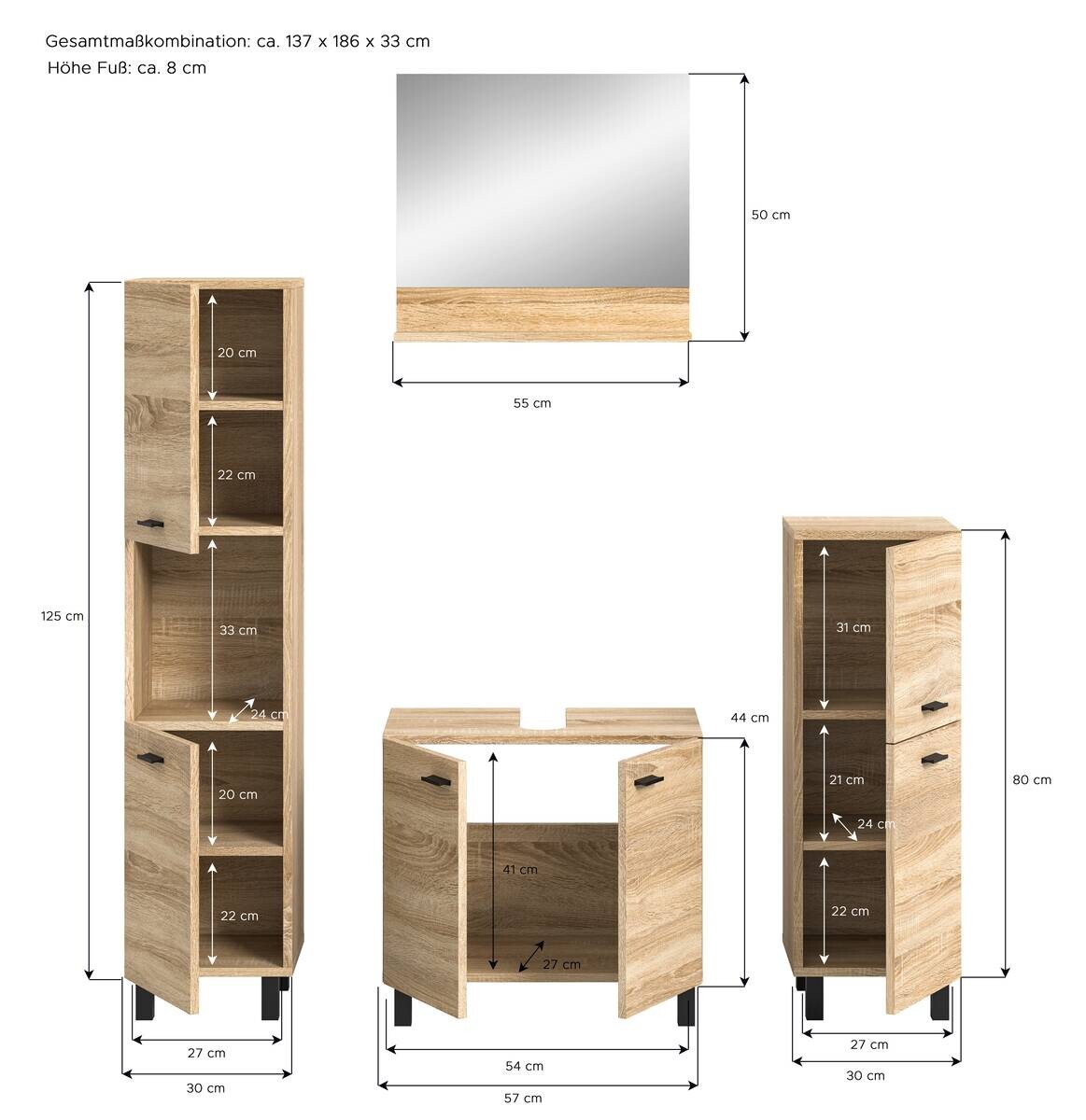 Badezimmer-Set BOSTON Eiche Sonoma Nachbildung B/H/T: ca. 137x186x33 cm