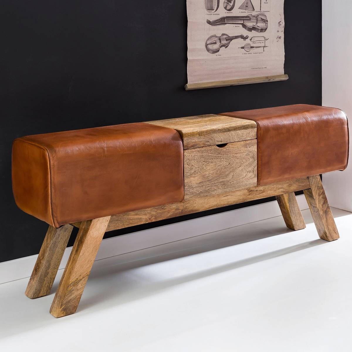 Wohnling Sitzbank braun natur Leder Echtholz B/H/T: ca. 120x53x29 cm