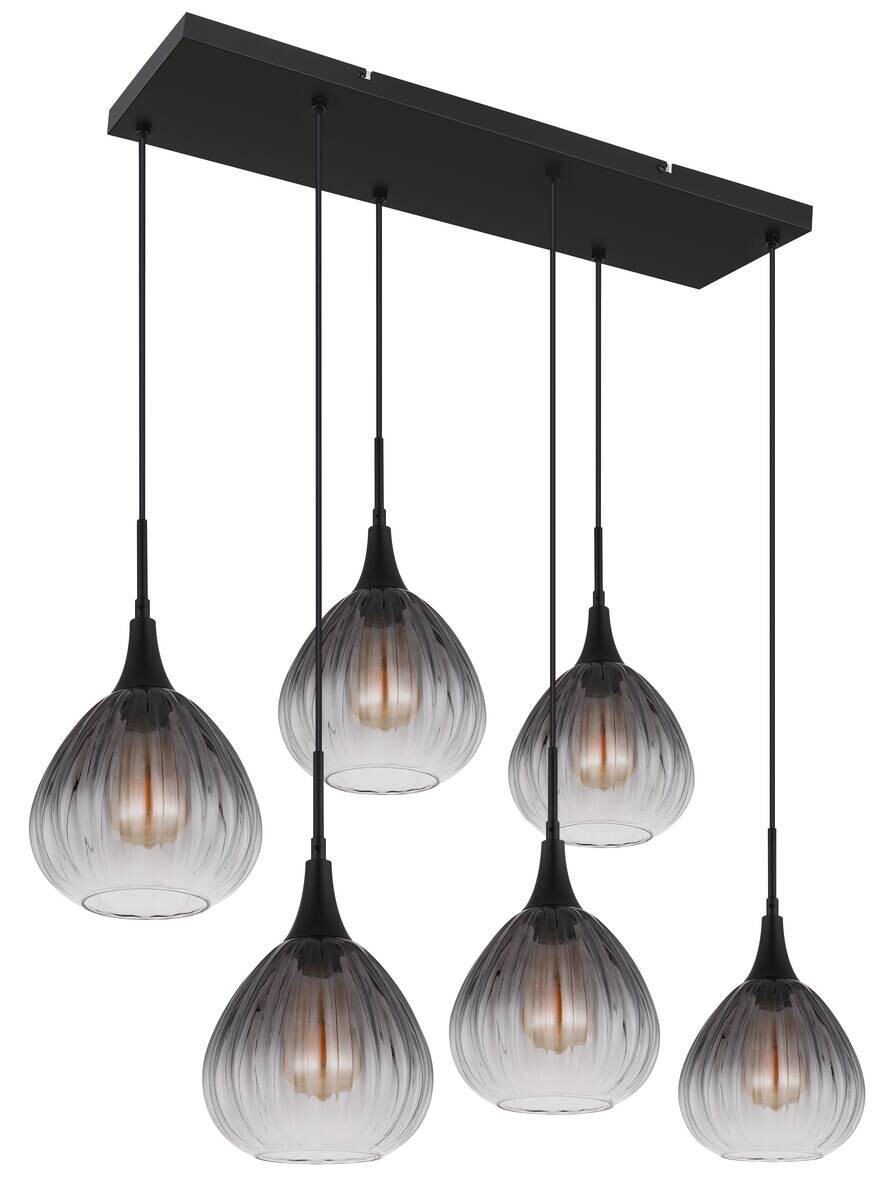 GLOBO Pendelleuchte Rauch schwarz Metall Glas B/H/T: ca. 40x120x90 cm E27 6 Brennstellen