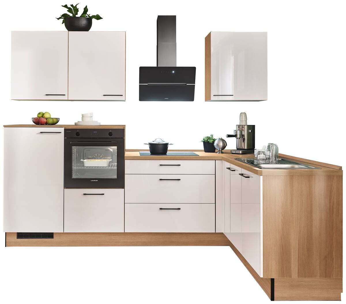 pino Winkelküche PN215 Magnolienweiß Hochglanz B/H/T: ca. 275x220x175 cm