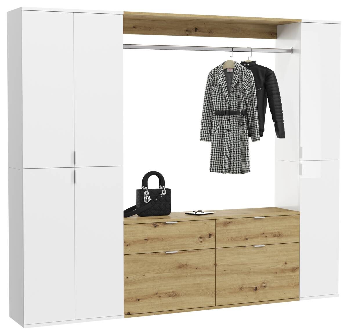 Garderobe PROJEKT weiß Eiche Artisan Nachbildung weiß Hochglanz B/H/T: ca. 212x193x34 cm