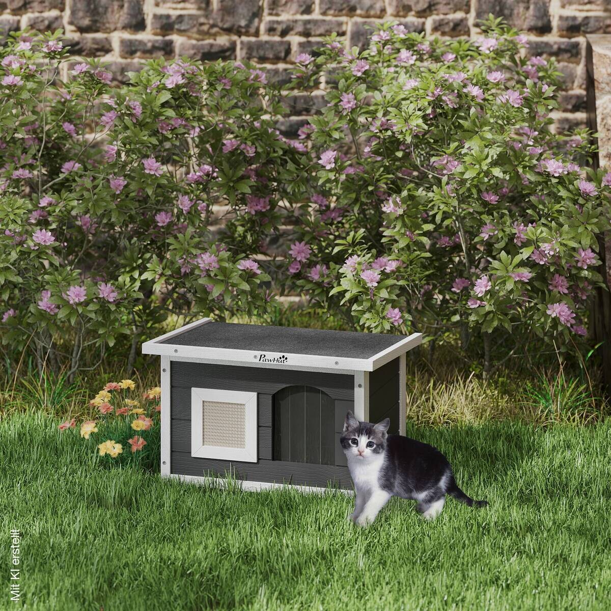 PawHut Katzenhaus grau Holz B/H/L: ca. 45x36,5x61 cm