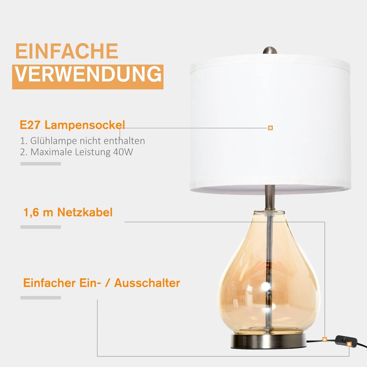 HOMCOM 2er-Tischleuchtenset B31-251 goldgelb cremeweiß silber Leinen Stahl Glas B/H/T: ca. 30x56x30 cm E27 1 Brennstellen