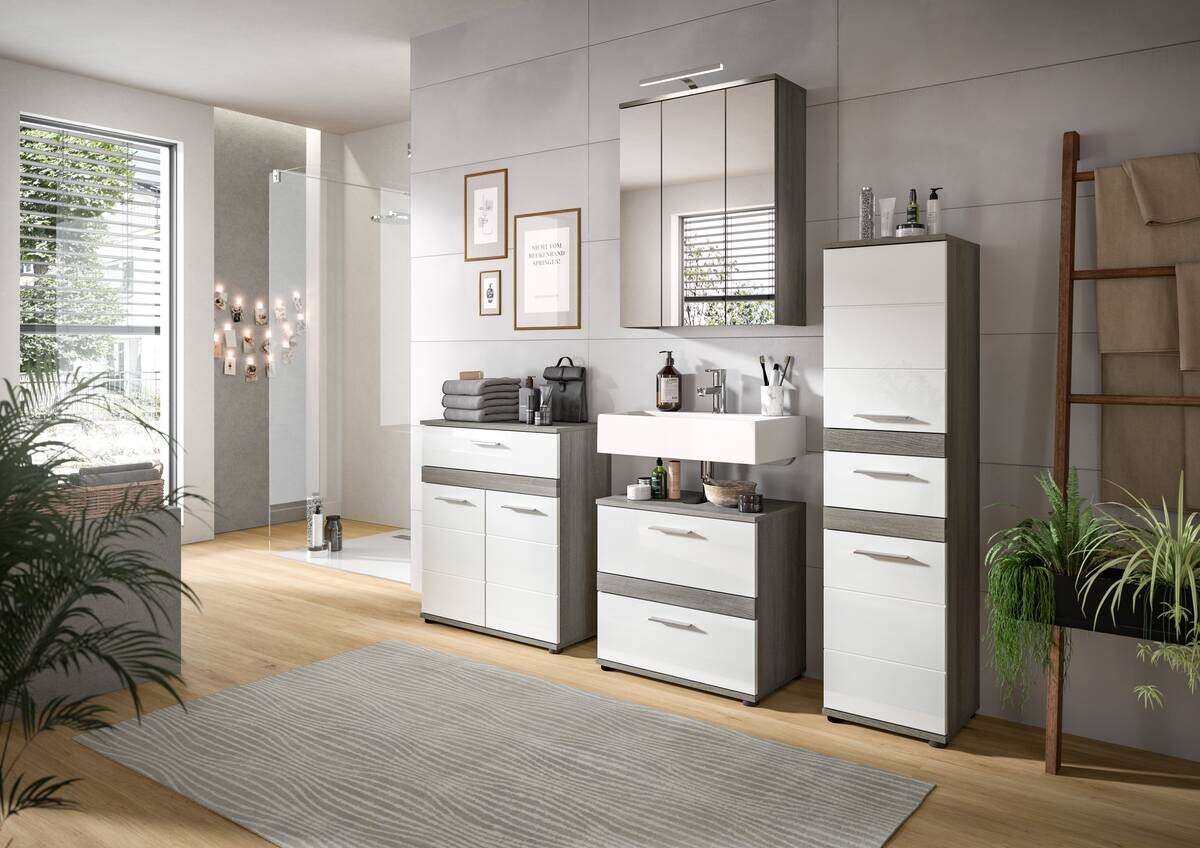 Waschbeckenunterschrank BLAKE Rauchsilber Nachbildung weiß Hochglanz B/H/T: ca. 60x57x34 cm